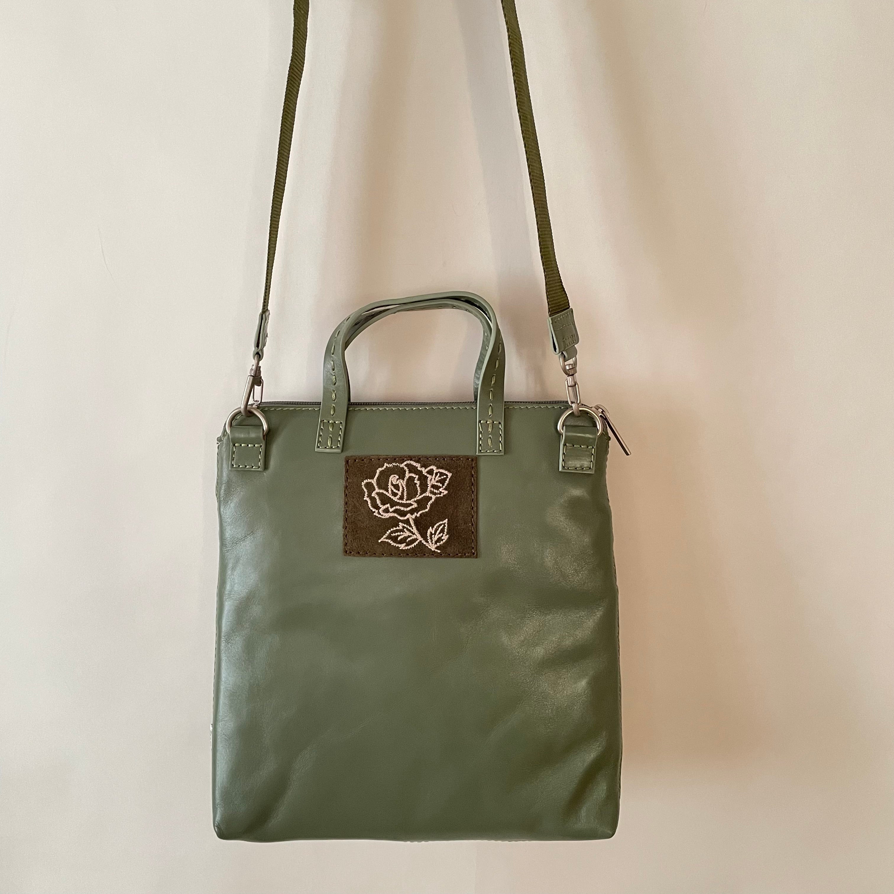 Premium Collection | Small Nylon x Leather Mix Cross-Body Shoulder Bag with Metal Zipper Pulls and Rose Embroidery | Sage